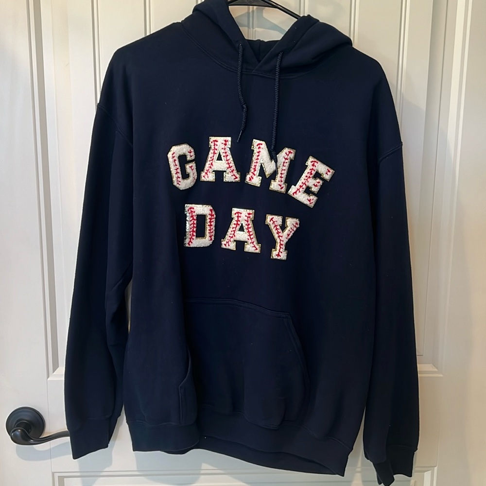 Game Day HOODIE baseball lettering Navy EUC